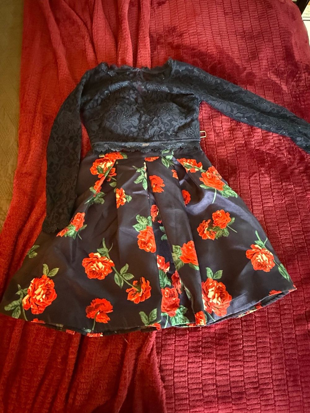 Blue Lace Bodice Floral Prom Dress with Red Rose Print